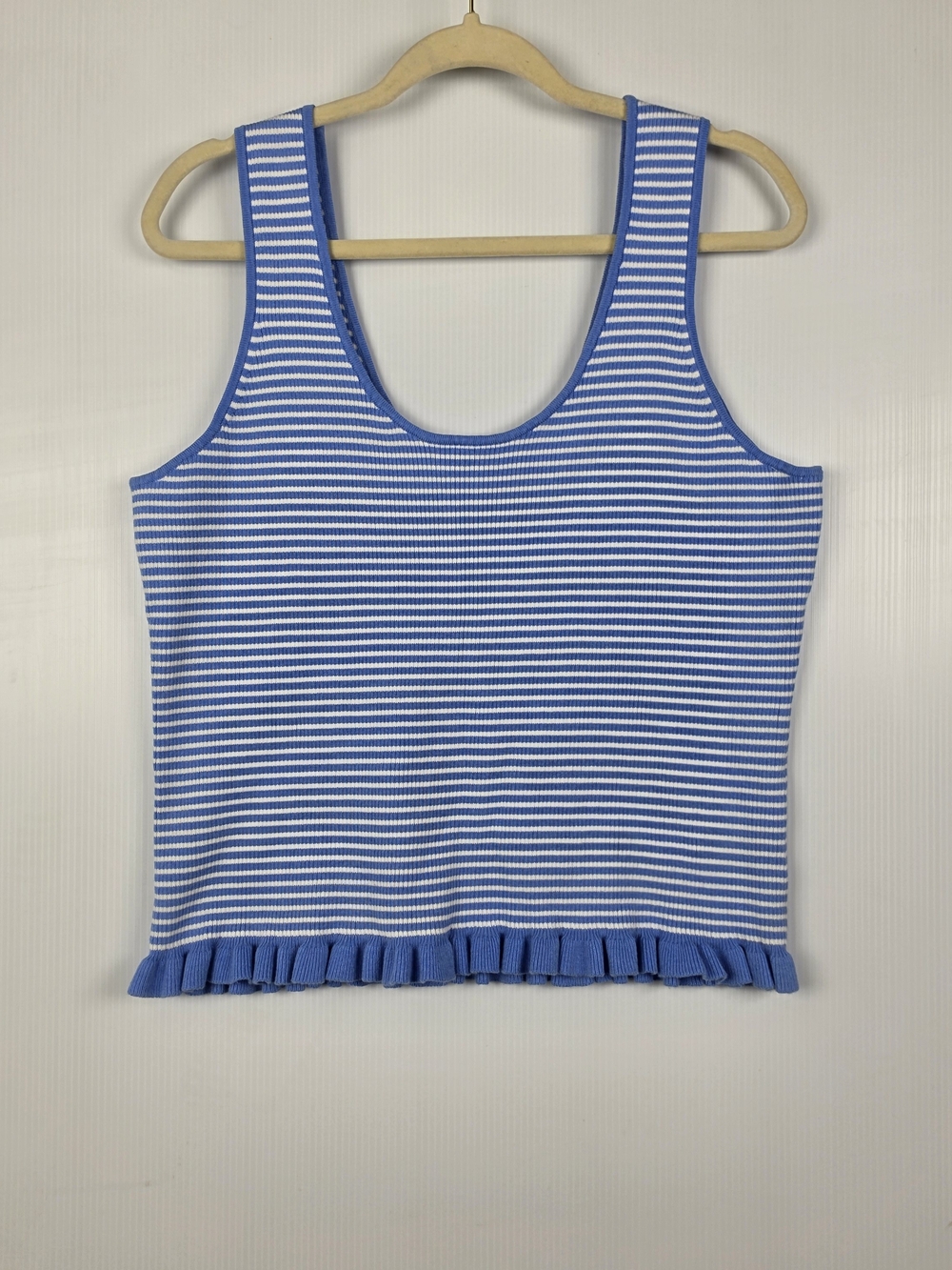 Striped Blue & White Ruffle-Hem Tank Top By Free Assembly